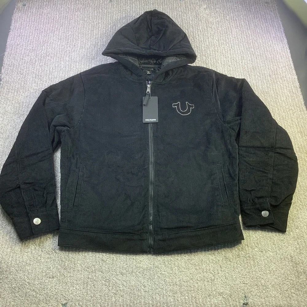 True Religion Mens Vintage Corduroy Jacket Jet Black‎ Hooded Size S NWT